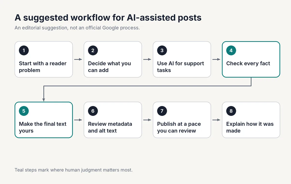 Flowchart of eight steps for AI-assisted posts: start with a reader problem, decide what you can add, use AI for support tasks, check every fact, make the final text yours, review metadata and alt text, publish at a reviewable pace, explain how it was made.