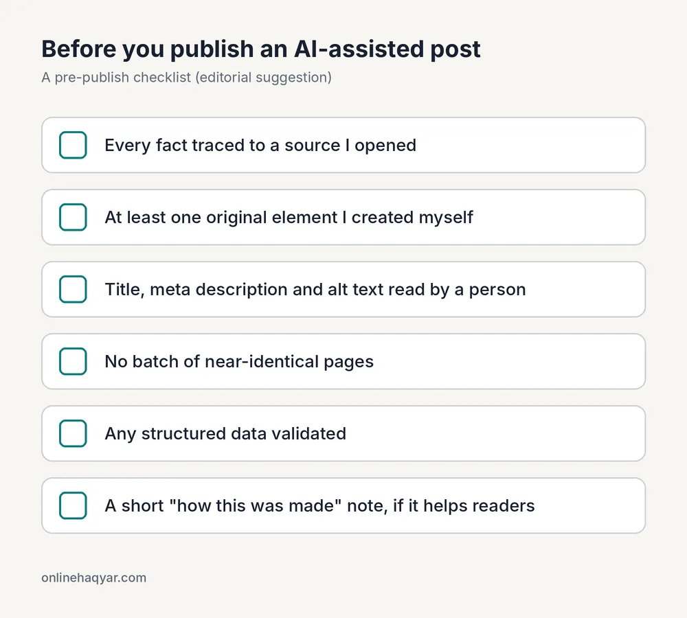 Checklist: facts traced to opened sources, one original element, metadata read by a person, no near-identical batch, structured data validated, and a how-this-was-made note.