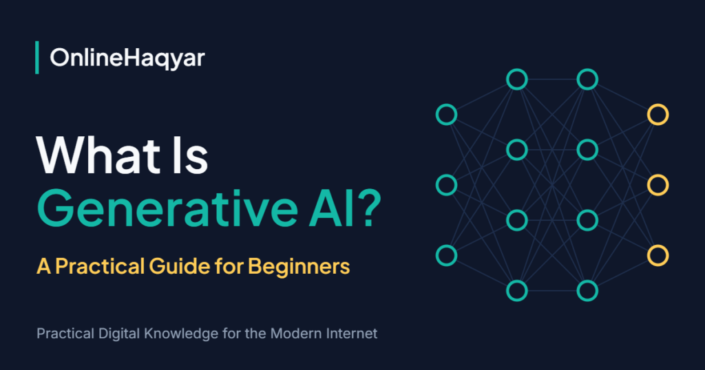 OnlineHaqyar graphic titled What Is Generative AI? A Practical Guide for Beginners, beside a simple neural-network diagram