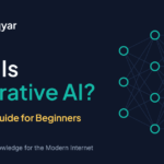 OnlineHaqyar graphic titled What Is Generative AI? A Practical Guide for Beginners, beside a simple neural-network diagram